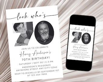 70th Birthday Invitation, Modern 70th Birthday Party Invite, Minimalist Adult Birthday Photo Invitation Template Digital Download