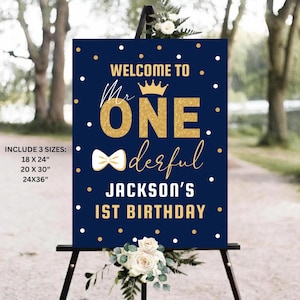 Mr Onederful Birthday Welcome Sign, Navy and Gold Boy First Birthday Welcome Sign, 1st Birthday Sign, Mr.Onederful First Birthday  Template