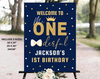 Mr Onederful Birthday Welcome Sign, Navy and Gold Boy First Birthday Welcome Sign, 1st Birthday Sign, Mr.Onederful First Birthday  Template