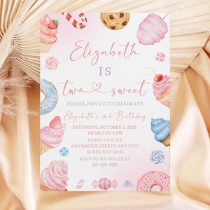 Two Sweet Birthday Invitation, Candyland Birthday Party Invite, Girl Sweets 2nd Birthday, Desserts Birthday Invite Template Digital Download