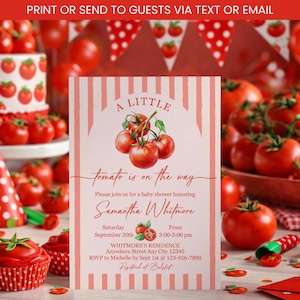 May include: A baby shower invitation with a tomato theme. The invitation features a watercolor illustration of tomatoes and the text "A Little Tomato is on the Way." The invitation includes the date, time, and location of the baby shower.