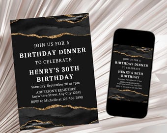 Black and Gold Men Birthday Invitation, Adult Birthday Invite, Birthday Dinner Invitation, Black & Gold Invitation Template Digital Download