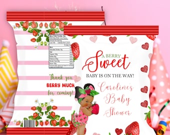 Strawberry Baby Shower Chip Bag ,Berry Sweet Baby Shower Decor,Berry Sweet Baby Shower Chip Bag, Afro Strawberry Baby Shower Label Printable