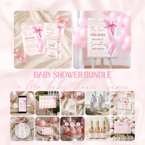 Może przedstawiać: Zestaw na baby shower z różowymi i białymi artykułami papierniczymi, w tym zaproszenia, kartki z podziękowaniami i znak powitalny. Na znaku widnieje napis "Tiny Toes & Pink Bows" i "Welcome to Samantha's Baby Shower".