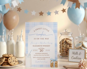 Cookies and Milk Baby Shower Invitation, Little Cookie Invite, Boy Baby Brunch Invitation Template Digital Download