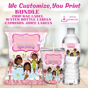 May include: Printable party favor labels featuring a pink and blue spa theme with the text "Jayda's 4th Birthday Spa Party". The labels are designed for chip bags, water bottles, and Capri Sun juice pouches.