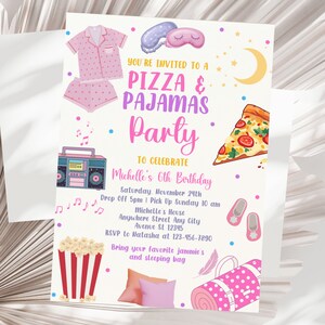 May include: A party invitation with a pizza and pajamas theme. The invitation features illustrations of pajamas, a pizza slice, a boombox, popcorn, and a sleeping bag. The text reads "Pizza & Pajamas Party" to celebrate Michelle's 6th birthday.