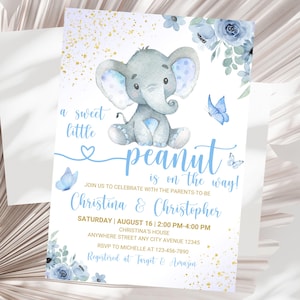 Boy Elephant Baby Shower Invitation Blue Elephant Baby Shower Invite A sweet little Peanut Elephant Baby Shower Invitation Template Editable