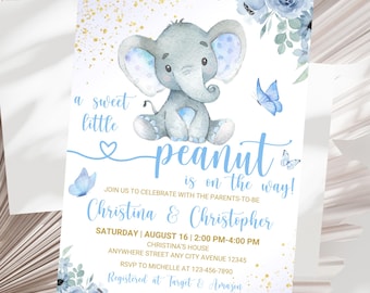 Boy Elephant Baby Shower Invitation Blue Elephant Baby Shower Invite A sweet little Peanut Elephant Baby Shower Invitation Template Editable