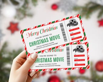 May include: Two Christmas movie tickets with red and green striped borders. The tickets read "Merry Christmas" and "Christmas Movie." Each ticket includes a space for a personal message, the recipient's name, and the date.