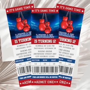 Boxing Ticket Birthday Invitation,Ready to Rumble Ticket Birthday Invitation,Invitation for Boy Boxing Birthday PartyRed Blue  Editable