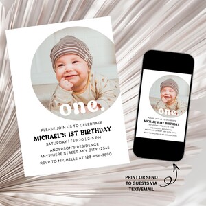 1st Birthday Invitation Photo Invitation, Girl Boy 1st Birthday Invitation, Minimalist 1st Birthday, Modern Birthday Invitation Template