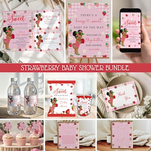 Afro Strawberry Baby Shower Bundle ,Berry Sweet Baby Shower Bundle, Strawberry Invitation, Strawberry Baby Shower Labels, Signs