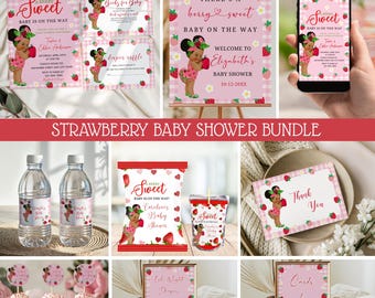 May include: A strawberry-themed baby shower bundle with invitations, signs, and decorations. The design features a baby girl illustration, strawberries, and the text "Sweet Baby is on the Way." Includes water bottle labels, cupcake toppers, and a phone screen.