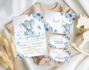 May include: A baby shower invitation set with a blue elephant theme. The set includes an invitation, thank you card, diaper raffle card, and books for baby card. The invitation reads "a sweet little peanut is on the way!" and includes event details.
