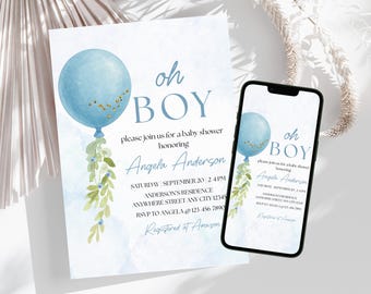 Uitnodiging babyshower jongen, aquarel ballonnen, uitnodiging babybrunch, baby strooi uitnodiging sjabloon digitale download