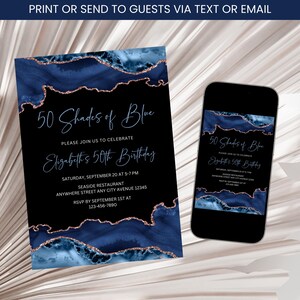 Shades of Blue Birthday Invitation, Adult Navy and Gold Invitation, Navy Blue Birthday Invite, Shade of Blue Birthday Party Invite Template