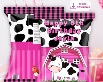 Cow Birthday Chip Bag for Kids Farm Birthday Custom Snack Bag for Kids Birthday Party Pink Barn Party Favor Bag Cow theme Birthday Party