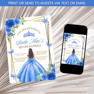 Blue Quinceañera Invitation, Mis Quince Anos Invite, Girl 15th Birthday Invitation, Blue & Gold Floral Birthday Invitation Template Digital