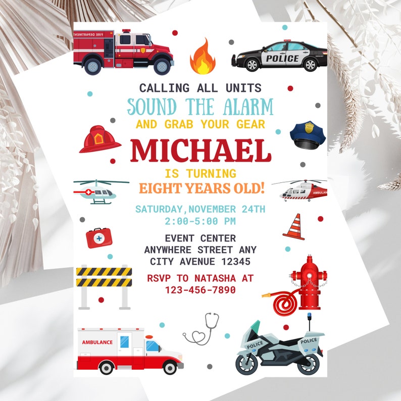 Editable Emergency Vehicles Birthday Invitation, Police Car Invitation ...