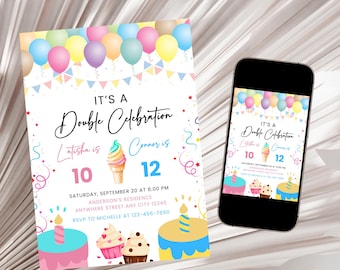 Invito di compleanno congiunto, invito per festa di compleanno tra fratelli, invito per festa di compleanno doppia, modello di invito per festa congiunta digitale