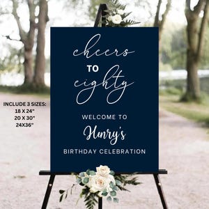 80th Birthday Welcome Sign, Navy Blue and White Cheers to Eighty Welcome Sign, 80th Birthday Sign, Minimalist Adult Birthday Poster Digital