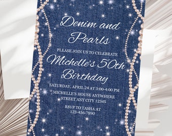 Denim and Pearls Birthday Invitation Template Editable Denim Birthday Invitation for Adult Denim Party Invitation Printable Pearl and Denim