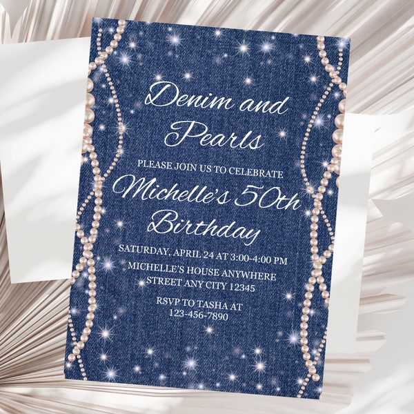 Denim and Pearls Birthday Invitation Template Editable Denim Birthday Invitation for Adult Denim Party Invitation Printable Pearl and Denim