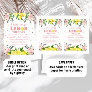 May include: Two printable invitations for a 3rd birthday party with a lemon theme. The invitations feature a watercolour illustration of lemons, flowers, and greenery. The text on the invitations reads "Easy peezy LEMON THREE-ZY" and "Please join us to celebrate Elizabeth's 3rd Birthday!"