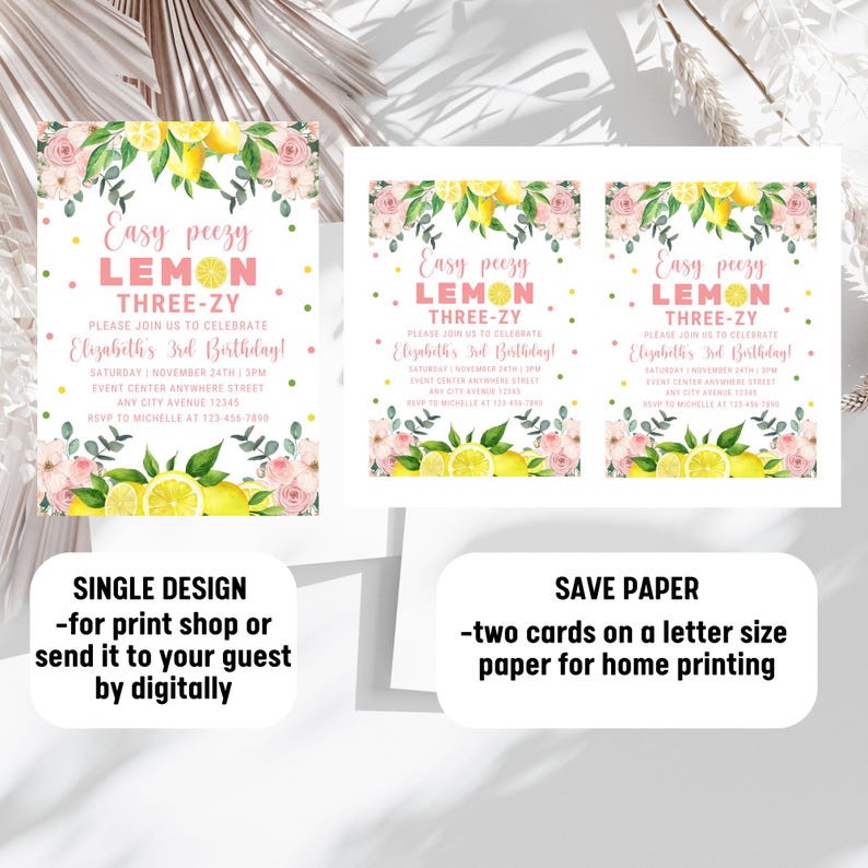 May include: Two printable invitations for a 3rd birthday party with a lemon theme. The invitations feature a watercolour illustration of lemons, flowers, and greenery. The text on the invitations reads "Easy peezy LEMON THREE-ZY" and "Please join us to celebrate Elizabeth's 3rd Birthday!"