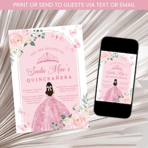 Pink and Gold Quinceañera Invitation, Mis Quince Anos Invite, Girl 15th Birthday Invitation, Pink Floral Birthday Party Invitation Template