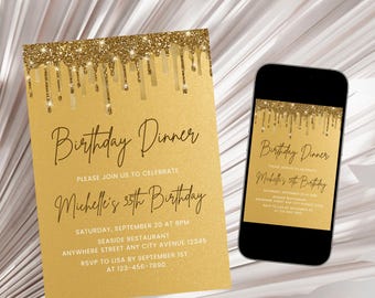 Gold Birthday Invitation, Adult Gold Birthday Invite, Birthday Dinner Invitation, Golden Birthday, Dripping Gold Glitter Digital Invitation