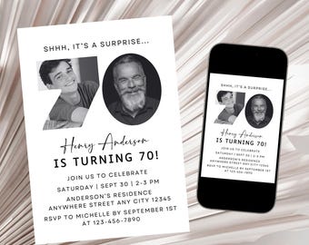 Överraskningsinbjudan till 70-årsdag med foto, modern inbjudan till 70-årsfest, minimalistisk mall för vuxenfotoinbjudan, digital