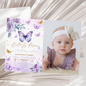 Editable Purple Butterfly Birthday Invitation,Girl 1st Birthday Invite, First Butterfly Kisses Pastel Printable Template Digital Download