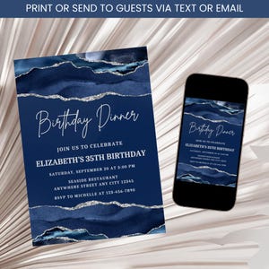 Navy Blue and Silver Birthday Dinner Invitation, Adult Birthday Invitation, Navy Blue Birthday Invite, Men and Women Birthday Invite Digital