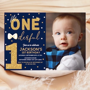 Mr Onederful Birthday Invitation with Photo, Boy 1st Birthday Invitation, Mr Onederful 1st Birthday, Gold Blue Onederful Birthday Invite
