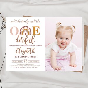 Boho Rainbow Birthday Invitation with Photo, Girl 1st Birthday Invitation, Rainbow 1st Birthday, Onederful Birthday Invitation Template