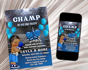 May include: A blue and black baby shower invitation with a cartoon baby wearing boxing gloves. The invitation says "A Little Champ is on his way!" and includes the names "Layla & Kobe".