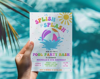 Pool Party Birthday Invitation, Tropical Summer Splish Splash, Girl Waterslide Birthday Party Template Digital Download