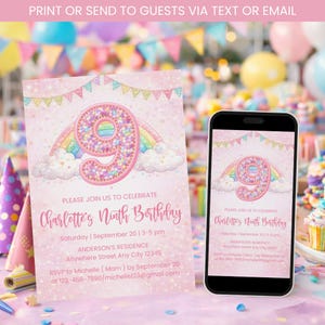 May include: A pink birthday invitation featuring a large number nine, a rainbow, and clouds. The invitation includes the text "Charlotte's Ninth Birthday" and event details. A smartphone displays the same invitation.