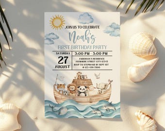 Könnte beinhalten: Eine Geburtstagseinladung mit einer Aquarellillustration der Arche Noah, mit verschiedenen Tieren. Die Einladung enthält den Text "Join Us to Celebrate Noah's First Birthday Party" und Veranstaltungsdetails.
