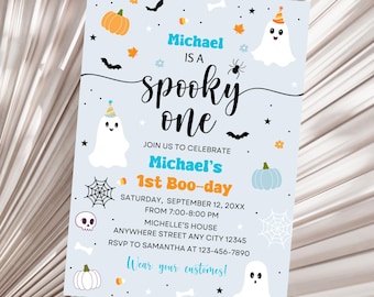 Invitación de cumpleaños de fantasmas espeluznantes, invitación editable de Halloween para el primer cumpleaños, invitación neutral para el primer cumpleaños, invitación de cumpleaños espeluznante.