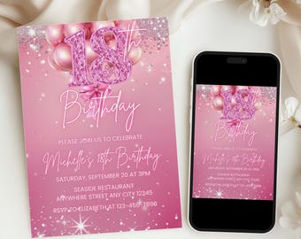 Pink 18th Birthday Invitation, Modern 18th Birthday Party Invite, All Pink Birthday Invitation, Eighteenth Birthday Invitation Template
