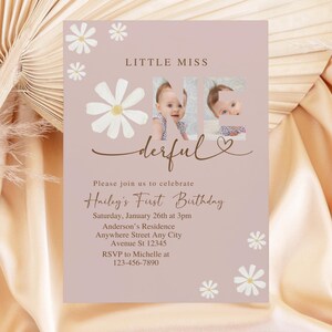 Daisy First Birthday Invitation with Photo, Onederful Birthday Party Invite, Minimalist Birthday Invite, Boho Photo Birthday Invite Template