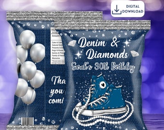 Denim and Diamond Chip Bags, Denim Diamond Birthday Party Chip Bag,Denim and Diamond Printable Party Favor,Denim and Sneaker Party Favor