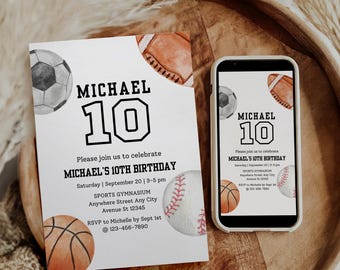 Ball Sport Birthday Invitation, Let's Have a Ball Invite, Soccer, Basketball, Football, Baseball, Boy Birthday Template Digital Download