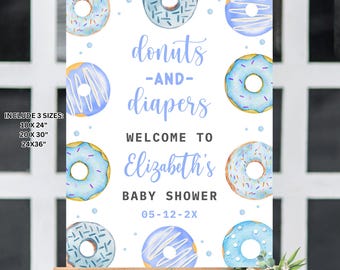 Puede incluir: Un cartel de baby shower azul y blanco con donas y el texto "donuts -and- diapers Welcome to Elizabeth's Baby Shower 05-12-2X".