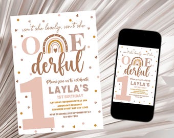 May include: A pink and brown first birthday invitation with a rainbow and the text "isn't she lovely, isn't she" and "One Derful". The invitation is for Layla's 1st birthday and includes the date, time, and location of the party.