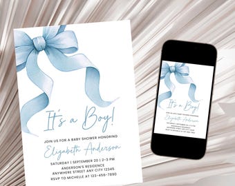 May include: A blue and white baby shower invitation with a watercolor illustration of a blue ribbon bow. The invitation reads "It's a Boy!" and includes the text "Join us for a baby shower honoring Elizabeth Anderson".