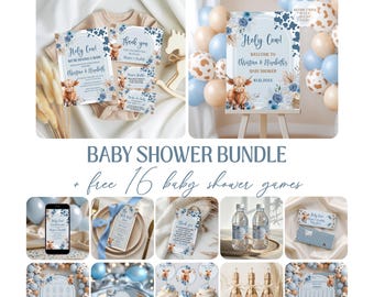 Holy Cow Boy babyshowerbundel, Highland Cow babyshower etiketten, borden, banners sjabloon digitale download